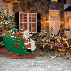 Old Fashioned Santa Claus Reindeer Sleigh Metal Yard Art Display