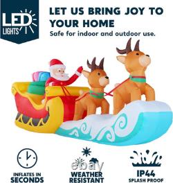 10FT Hanging Santa Sleigh Reindeer Inflatable LED Outdoor Christmas Yard Display