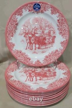 (11) Royal Stafford Red Sleigh Reindeer Santa Claus Dinner Plates Christmas NEW