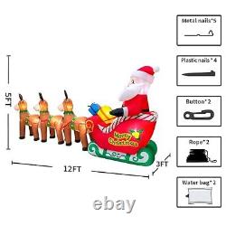 12FT Christmas Inflatables Santa Claus on Sleigh with Reindeer Deer Gift