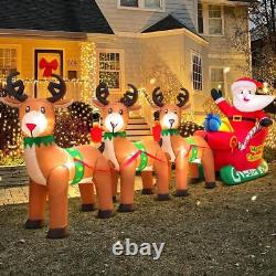 12FT Christmas Inflatables Santa Claus on Sleigh with Reindeer Deer Gift Box