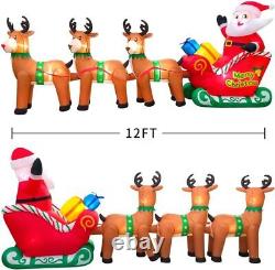 12FT Christmas Inflatables Santa Claus on Sleigh with Reindeer Deer Gift Box