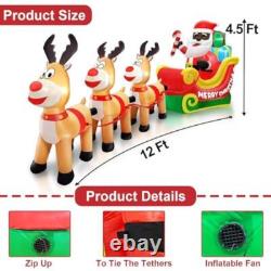 12FT Inflatable Black Santa Sleigh Reindeer LED Lights Yard Christmas Decor New