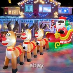 12FT Inflatable Black Santa Sleigh Reindeer LED Lights Yard Christmas Decor New