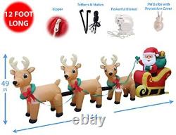 12 Foot Christmas Inflatable Santa Claus Reindeer Sleigh Outdoor Yard Decoration