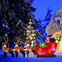12 Foot Christmas Inflatable Santa Claus on Sleigh with 3 Reindeer Yard Art Decor