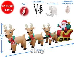 12 Foot Lighted Christmas Inflatable Santa Sleigh & 3 Reindeer Outdoor Decor