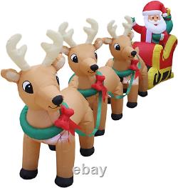 12 Foot Lighted Christmas Inflatable Santa Sleigh & 3 Reindeer Outdoor Decor