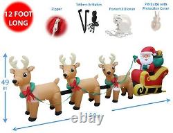 12 Foot Long Christmas Inflatable Santa Claus Reindeer Sleigh Yard Decoration