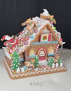 12''Sugarplum Dreams Christmas Gingerbread House Santa Sleigh Reindeer on Roof