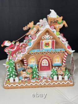 12''Sugarplum Dreams Christmas Gingerbread House Santa Sleigh Reindeer on Roof F