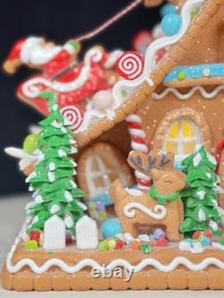12''Sugarplum Dreams Christmas Gingerbread House Santa Sleigh Reindeer on Roof F