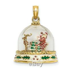 14k Yellow Gold Santa with Sleigh and Reindeer in Snow Globe Pendant