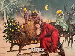 1908 Mailick Htl Christmas Postcard Santa Claus Angel-girls Load Sleigh Reindeer