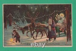 1908 Mailick Htl Christmas Postcard Santa Claus Reindeer Sleigh Christkindle Elf