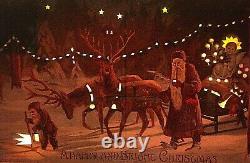1908 Mailick Htl Christmas Postcard Santa Claus Reindeer Sleigh Christkindle Elf