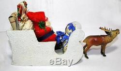 1920s Vtg German Composition Xmas Candy Container, Santa N Sleigh W Reindeer