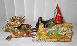 1923 Strauss Santee Claus Santa Wind Up Tin Litho Sleigh with Reindeer Pulling