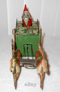 1923 Strauss Santee Claus Santa Wind Up Tin Litho Sleigh with Reindeer Pulling