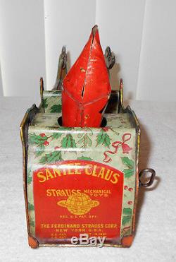 1923 Strauss Santee Claus Santa Wind Up Tin Litho Sleigh with Reindeer Pulling