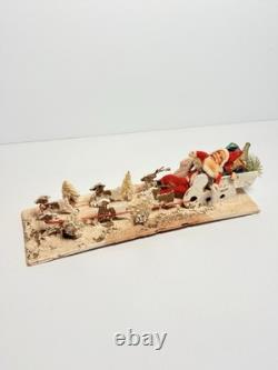 1940s Clay Face Santa with Putz Sleigh and Reindeer Paper Mache Champagne Bottle