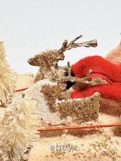 1940s Clay Face Santa with Putz Sleigh and Reindeer Paper Mache Champagne Bottle