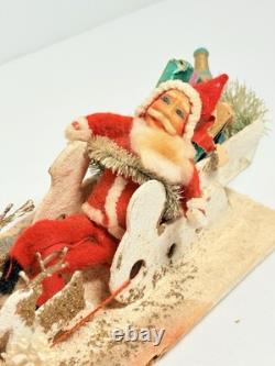 1940s Clay Face Santa with Putz Sleigh and Reindeer Paper Mache Champagne Bottle