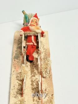 1940s Clay Face Santa with Putz Sleigh and Reindeer Paper Mache Champagne Bottle