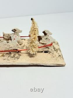 1940s Clay Face Santa with Putz Sleigh and Reindeer Paper Mache Champagne Bottle
