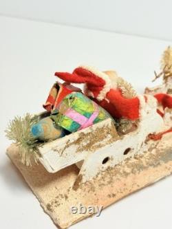 1940s Clay Face Santa with Putz Sleigh and Reindeer Paper Mache Champagne Bottle