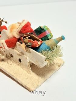 1940s Clay Face Santa with Putz Sleigh and Reindeer Paper Mache Champagne Bottle