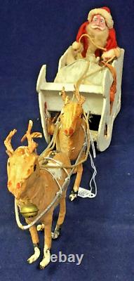 1950 Vintage Japan Paper Santa in Sled withTwo Reindeer, Bell, Toy Bag 13 Long