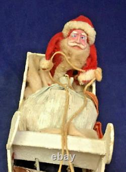 1950 Vintage Japan Paper Santa in Sled withTwo Reindeer, Bell, Toy Bag 13 Long