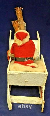 1950 Vintage Japan Paper Santa in Sled withTwo Reindeer, Bell, Toy Bag 13 Long