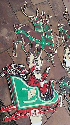 1960's Santa Sleigh & 8 Reindeer Hard Plastic Christmas Holiday Outdoor Decor