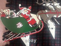 1960's To Early 1970's Union Plastic Santa In Sled With Reindeer Yard Stakes