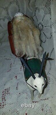 1989 PAIGE KOOSED folk Art Hand Carved Wood Santa In Sleigh W Reindeer Christmas