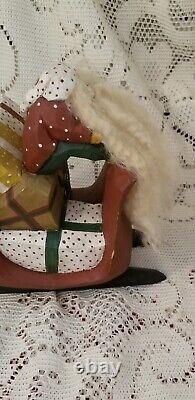 1989 PAIGE KOOSED folk Art Hand Carved Wood Santa In Sleigh W Reindeer Christmas