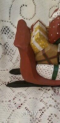 1989 PAIGE KOOSED folk Art Hand Carved Wood Santa In Sleigh W Reindeer Christmas