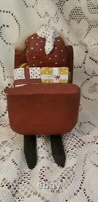 1989 PAIGE KOOSED folk Art Hand Carved Wood Santa In Sleigh W Reindeer Christmas