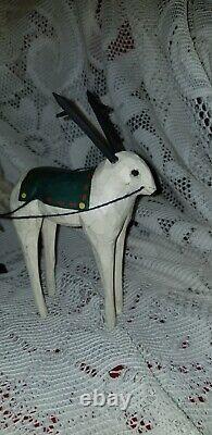 1989 PAIGE KOOSED folk Art Hand Carved Wood Santa In Sleigh W Reindeer Christmas