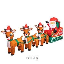 1pc 8Ft Long Lighted Christmas Santa Claus On Sleigh With 3 Reindeer