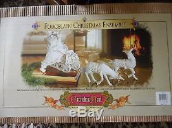 2000 Grandeur Noel Christmas Porcelain Ensemble Santa Sleigh Reindeer White Gold
