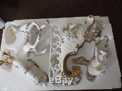 2000 Grandeur Noel Christmas Porcelain Ensemble Santa Sleigh Reindeer White Gold