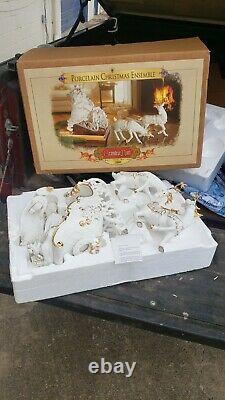 2000 Grandeur Noel Porcelain Christmas Ensemble Santa, Reindeer & Sleigh Set