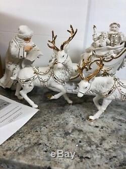 2001 Grandeur Noel Collector's Porcelain Santa and Sleigh Set Reindeer In Box