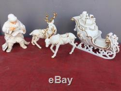 2001 Grandeur Noel Gorgeous Porcelain Santa Reindeer And Sleigh Set