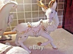 2001 Grandeur Noel Porcelain Santa And Sleigh Reindeer 4 Piece Set White Gold