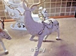 2001 Grandeur Noel Porcelain Santa And Sleigh Reindeer 4 Piece Set White Gold