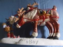 2001 HOUSE of HATTEN Santa with Sleigh and Elf with Reindeer DENISE CALLA Rare